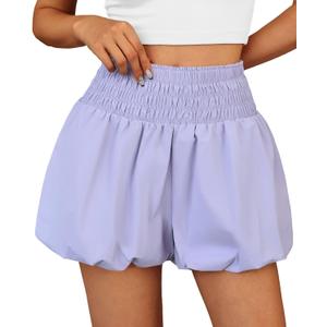 2 x Fisoew Womens High Waisted Bubble Shorts Smocked Elastic Going Out Cute Skorts with Pockets (Purple)