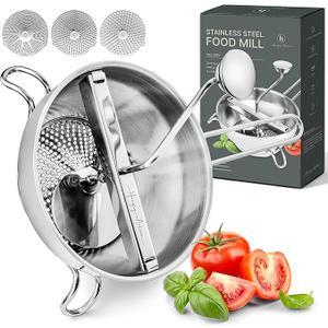 Stainless Steel Food Mill with 3 Discs – Ergonomic Rotary Hand Crank for Tomato Sauce, Applesauce, Baby Food, Mashed Potatoes, Puree & Canning