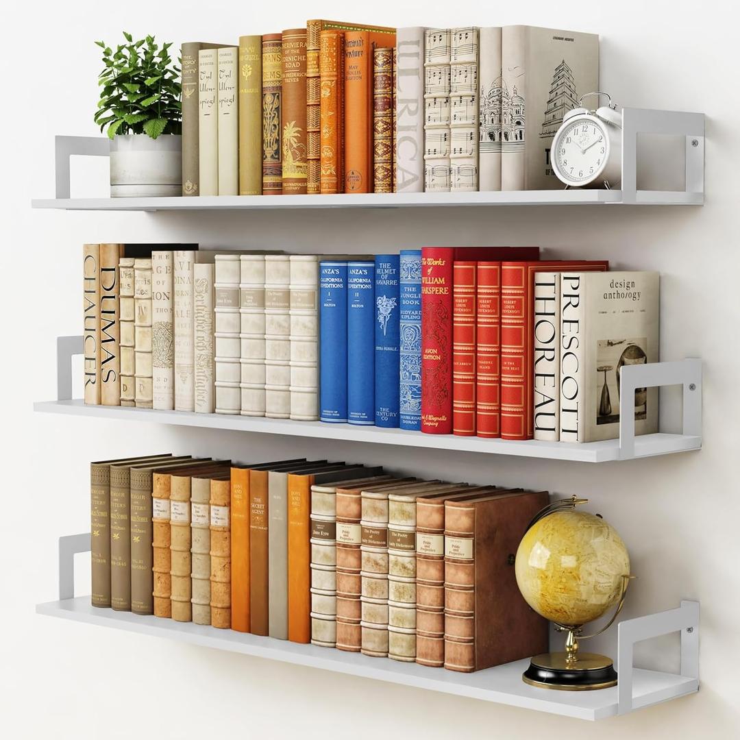 Harwaya White Floating Book Shelves for Wall, 36 Inch Wall Bookshelf for Kids Bedroom, Large Deep Hanging Shelves with Metal Brackets for Living Room Office Dcor Indoor Plants (3-Pack)