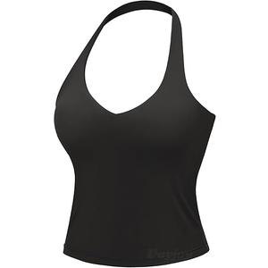 VOYJOY Women Halter Crop Top Padded V Neck Backless Sleeveless Workout Halter Tank Tops Going Out Yoga Gym Clothes (Large, Black)