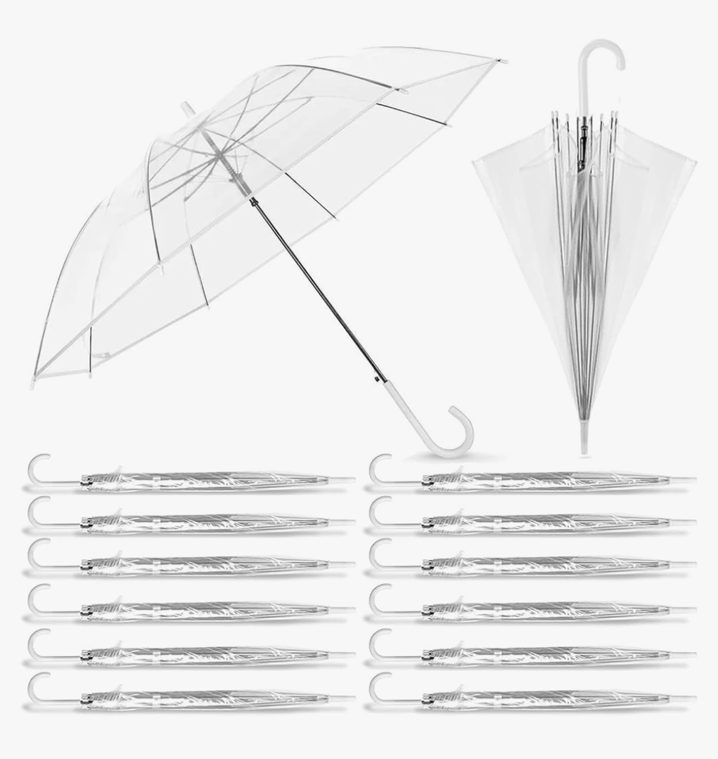 14 Pack Clear Wedding Umbrellas Bulk Transparent Auto Open Stick Umbrellas Windproof Waterproof Large Canopy Umbrella with White J Hook Handle for Wedding Bride Groom Photography Golf Outdoor