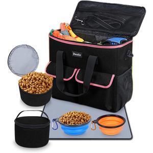 Dog Travel Bag - Dog Travel Kit for a Weekend Away Set Includes Pet Travel Bag Organizer for Accessories, 2 Collapsible Bowls, 2 Travel Food Container