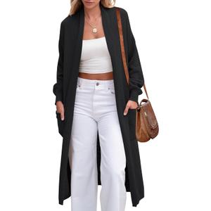 ANRABESS Womens Long Cardigan Sweater Open Front Long Sleeve Slouchy Oversized Coat 2024 Winter Chunky Knit Waffle Coatigan Black Large