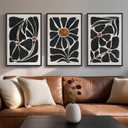 Framed Black and White Abstract Wall Art, 3 Piece Black Boho Floral Botanical Canvas Prints Painting for Living Room, Mid Century Modern Flower Artwork for Bedroom Hallway Office Home Decor, 16x24 In