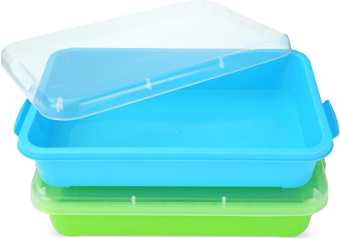 Sensory Bin Sand Tray with Lid for Toddlers 2 Pcs 15in Portable Sandbox Toy Large Plastic Tray for Kids 3 4 5 6 Fill with Sand, Water, Beads, and More (Green+Blue)