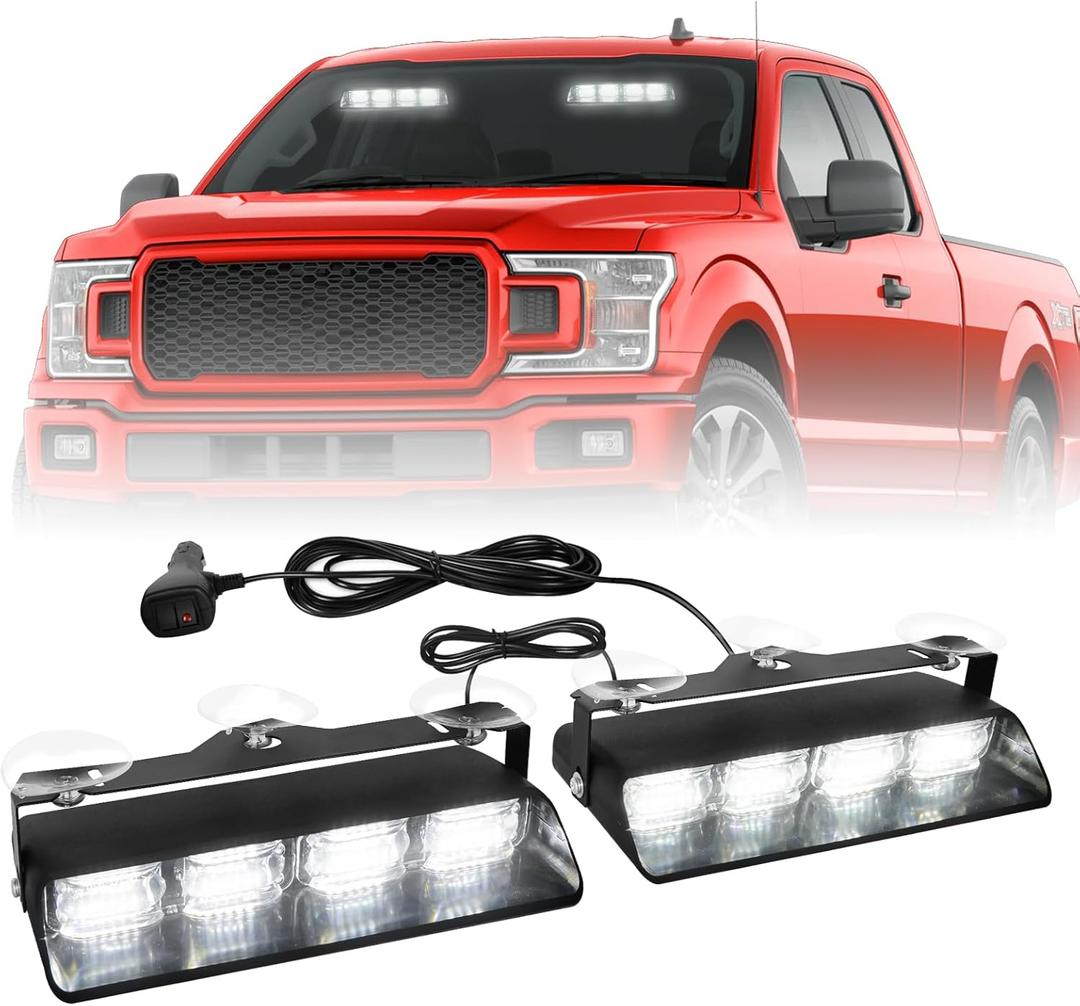 HLauto 2002L Emergency Dash Strobe Lights: 2x8.5 inch White Safety Lights, 48 LED Flashing Warning Hazard Windshield Visor Traffic Light Bars for Trucks, Construction Vehicles