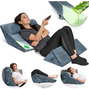 Lunix 3pcs Orthopedic Bed Wedge Pillow Set, Post Surgery Aloe Vera Memory Foam for Back, Leg, Knee Pain Relief, Adjustable Sitting Pillow for Sleeping, Acid Reflux, and GERD, with Hot Cold Pack, Navy