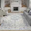 8x10 Washable Neutral Area Rug Blue Vintage Living Room Bedroom Carpet Non-Slip Soft Low Pile Farmhouse Indoor Large Throw Rug for Dining Room Office