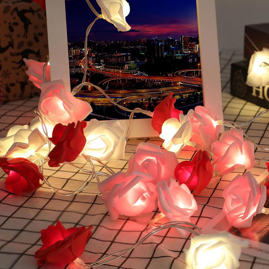 CCINEE 9.8Ft LED Rose Flower String Lights30 LED Red White Pink Flower Fairy String Lights Battery Operated Flowers Garland Lights for Valentine's Day Wedding Indoor Outdoor Festival Party Decor