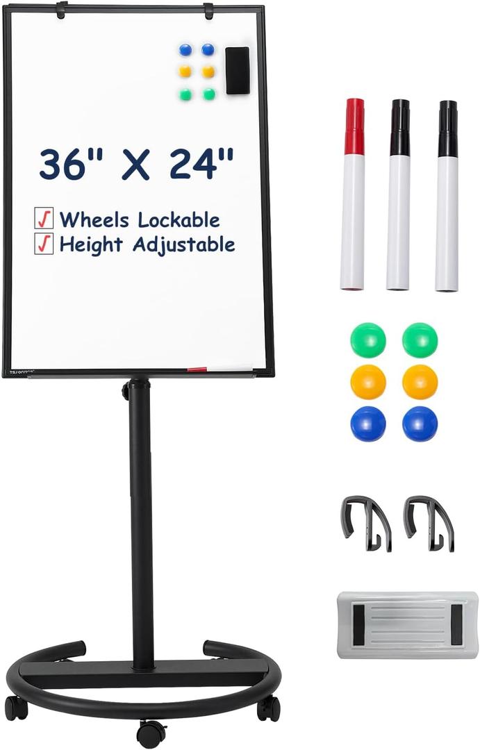 TSJ OFFICE Mobile Whiteboard Standing - 36 X 24 Inches Magnetic Rolling White Board, Height Adjustable Dry Erase Board on Wheels with Flip Chart Hooks, Black