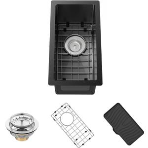 Black Kitchen And Bar Sink,10x18 Inch Stainless Steel Drop In Single Bowl Undermount RV Prep Small Kitchen&Bar Sink Ideal Choice For Small Space Come With Bottom Grid,Soap Mat And Drain Assembly