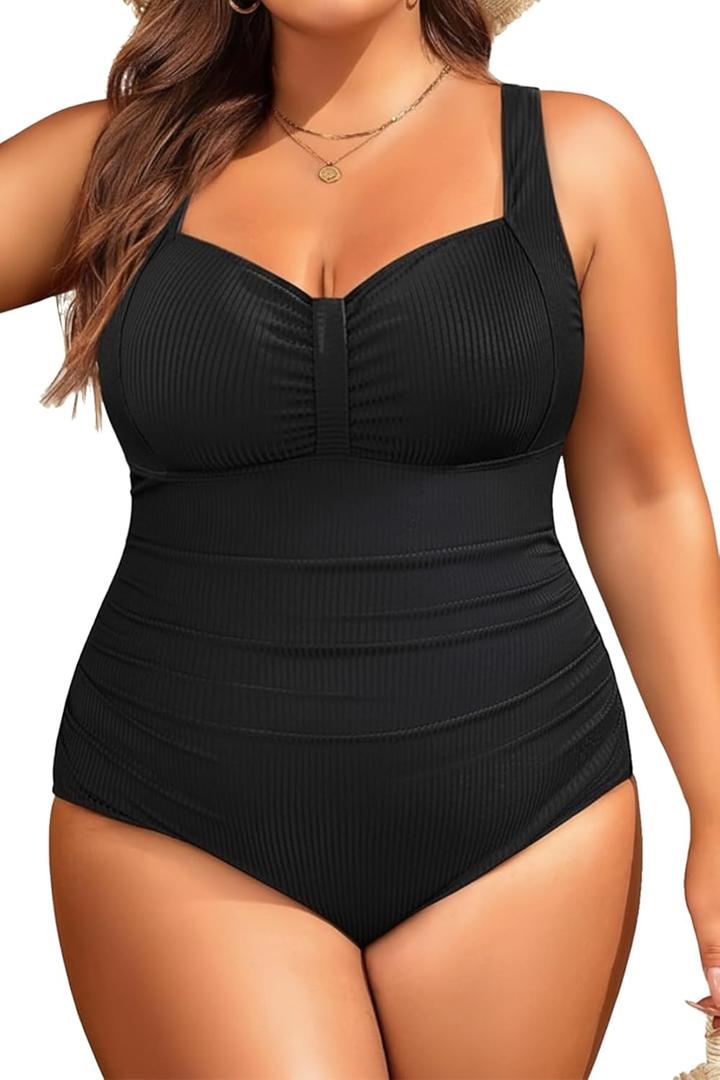 Aqua Eve Plus Size One Piece Swimsuit for Women Tummy Control Bathing Suit Ribbed Swimwear Black 24W, Black 