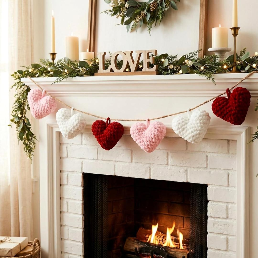 Soulchen 6 Pcs Valentine's Day Heart Ornaments 5inch Crochet Heart Ornaments Handmade Gifts Valentine Hearts Hanging Decor for Home Party Favor