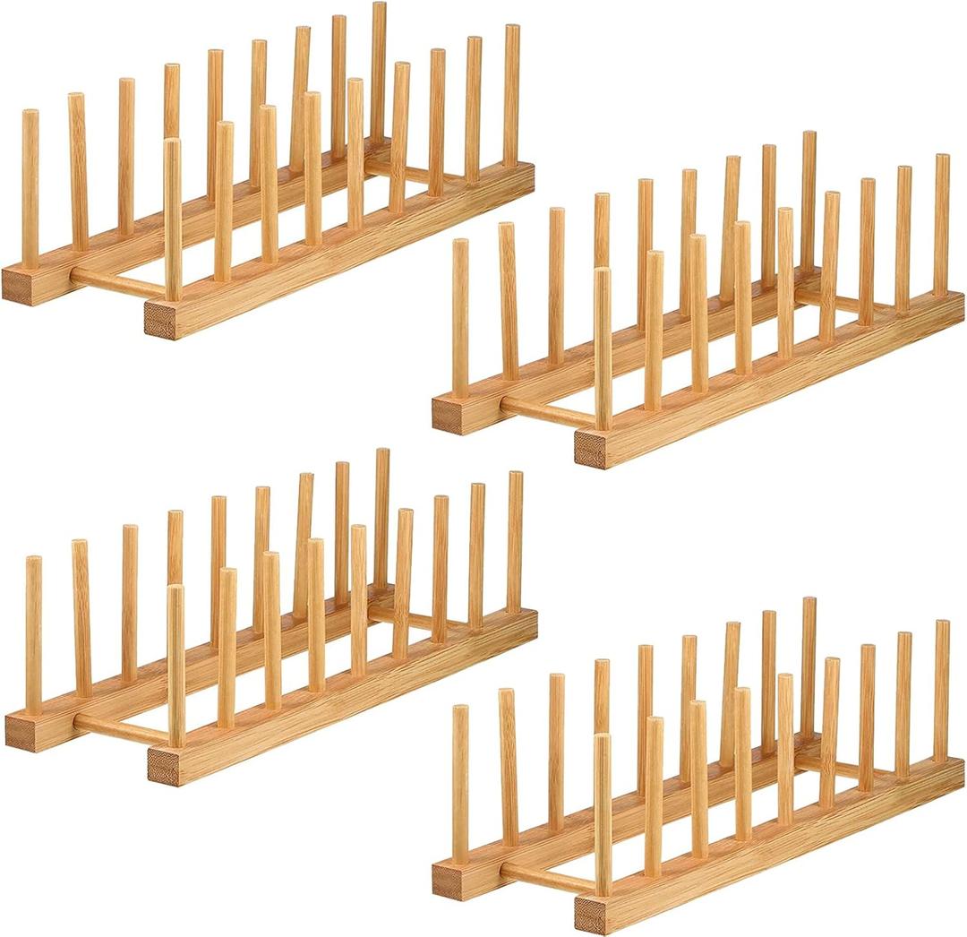 Lawei 4 Pack Bamboo Dish Drying Rack, Plate Rack Stand Pot Lid Holder, Dish Organizer Racks for Plates, Cups, Bowls, Cutting Board, Drying Rack Stand Drainer, Kitchen Cabinet Organizer