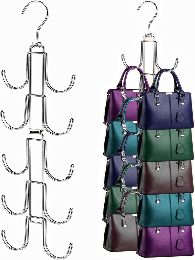 Handbags Purse Organizer for Closet: Bag Rack Hanger with 10 Big Hooks - 360 Rotation Purse Hanger for Display - Collapsible Space Saving for Handbag Belt Scarve Tie - 1 Pack Silver