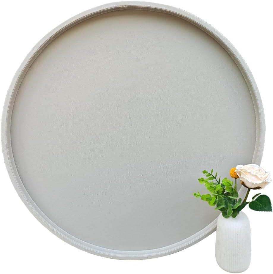 25-inch Round Ottoman Serving Tray - Textured PU Leather Coffee Table Decor, Waterproof Heat-Resistant Large Organizer for Home, Office, Bed & Party Essentials (Tranquil Beige, 25)