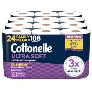 Cottonelle Ultra Soft Toilet Paper, 24 Family Mega Rolls=108 Regular Rolls