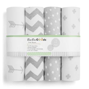 BaeBae Goods Premium Crib Sheets for Baby Boys and Girls, 4 Pack, Soft and Breathable Jersey Knit Fitted Sheet Set, Grey and White, Cute Gender Neutral Nursery Mattress Bedding, Universal Fit 28” x 52” x 9”