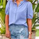 PRETTYGARDEN Women's 2026 Summer Button Down Shirts Short Lantern Sleeve V Neck Cotton Cute Tops Dressy Casual Blouses (L)