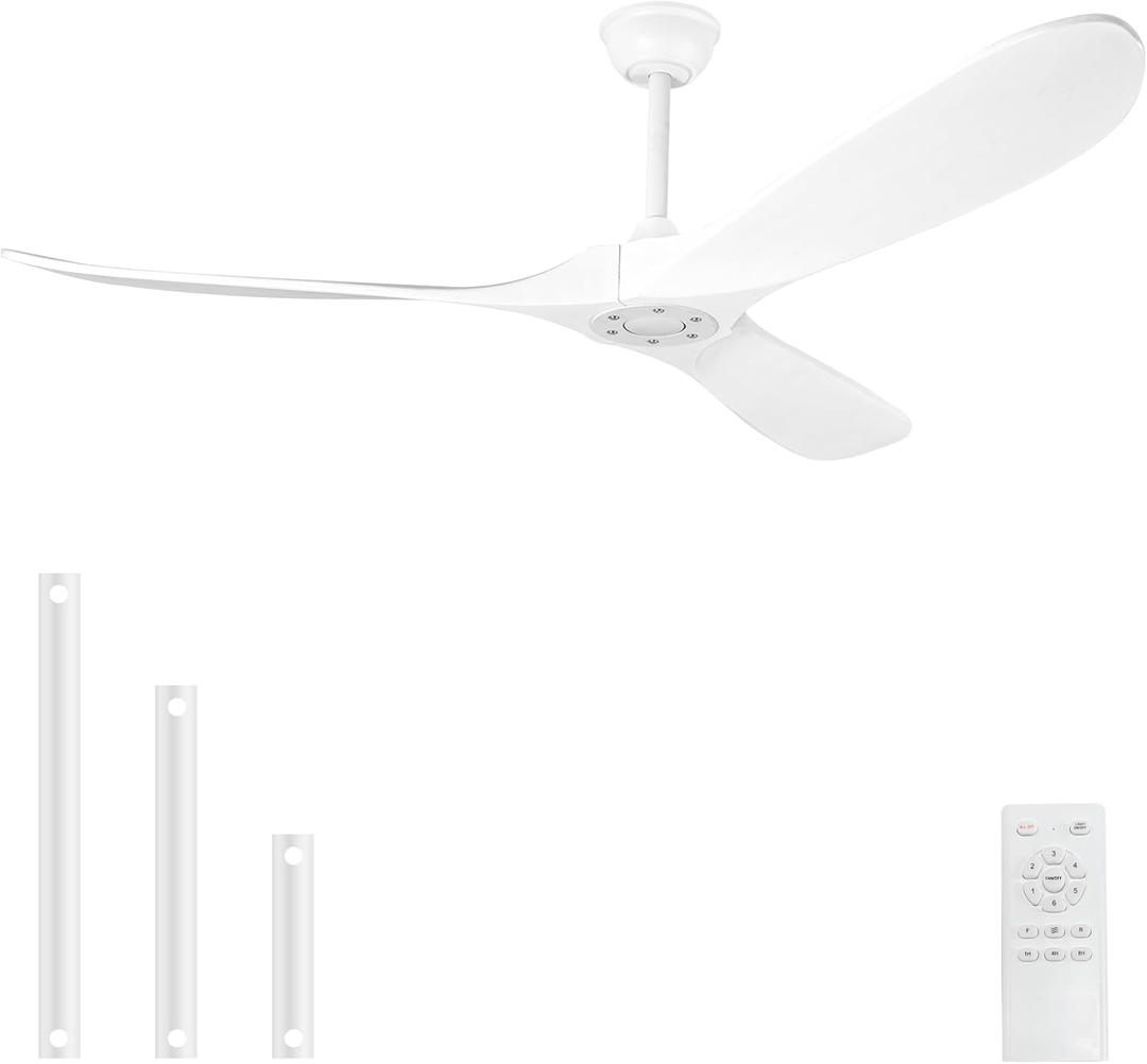 Solid Wood Ceiling Fans no Light,52'' White Ceiling Fan with Remote Control, DC Motor with Large Airflow, Indoor and Outdoor Ceiling Fan for Living Room, Bedroom, Patios