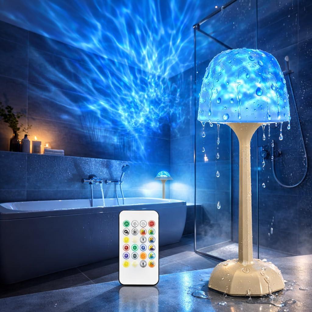 Rechargeable Shower Light, Waterproof Bathroom Lamp with Ocean Wave Projection, 3 Light Colors and 16 Ambient Modes, Touch and Remote Control, Ideal for Shower Rooms, Bedrooms and Nighttime Ambience