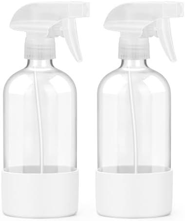 Worldgsb 2 Pack Glass Spray Bottles with Silicone Sleeve, 16 oz Empty Refillable Containers with Adjustable Spray Nozzles, Spray Bottles for Hair, Cleaning Solutions and Plants White