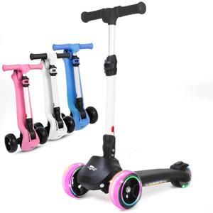 3 Wheel Electric Scooter for Kids, Folding Kick Scooter w/150W Motor, Thumb Accelerator, 3 Adjustable Height, 5Mph Speed, Flashing Wheels & Deck, Sticker, Self-Balancing Toys for Boys, Girls (Black)