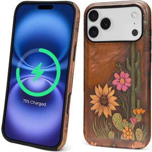 Magnetic Case for iPhone 17 Pro Max,Compatible with Magsafe PC Hard Shell Silicone Inner Bumper, Anti-Scratch Full-Body Cover Shockproof Slim Design Retro Cactus Sunflower