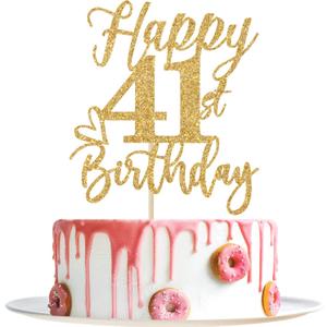 Happy 41st Birthday Cake Topper, 41st Birthday Decorations, Cheers to 41 Years, Hello 41, 41st Happy Birthday Party Supplies Gold Glitter