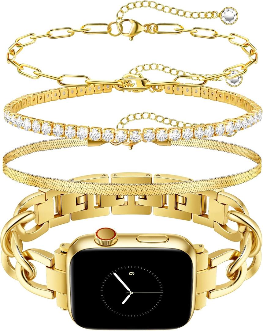 JR.DM Gold Watch Bands and 3Pcs 18k Golden Bracelet Set for Women Compatible with Apple Watch 38mm 40mm 41mm 42mm(S10/11) Adjustable Metal Dressy Bracelet for iWatch Series 11/10/9/8/7/6/5/4/SE/3/2/1