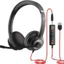 JIAMQISHI USB Headset with Microphone for PC, On-Ear Computer Laptop Headphones with Noise Cancelling Microphone in-line Control for Home Office Online Class Skype Zoom (USB+3.5mm, Black)