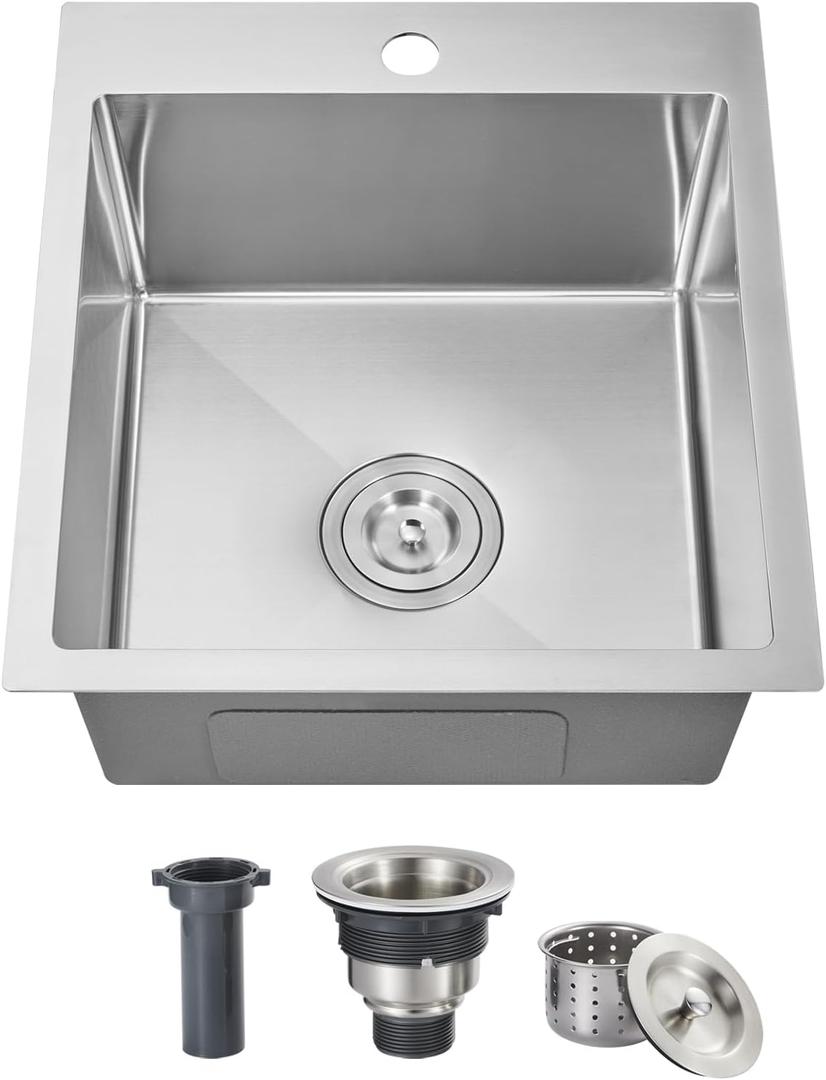 ROVOGO 17"x19"x8" Bar Sink Drop in, Top Mount Kitchen Sink Single Bowl 304 Stainless Steel, Small Wet Bar Prep Sink with 1 Hole, Brushed