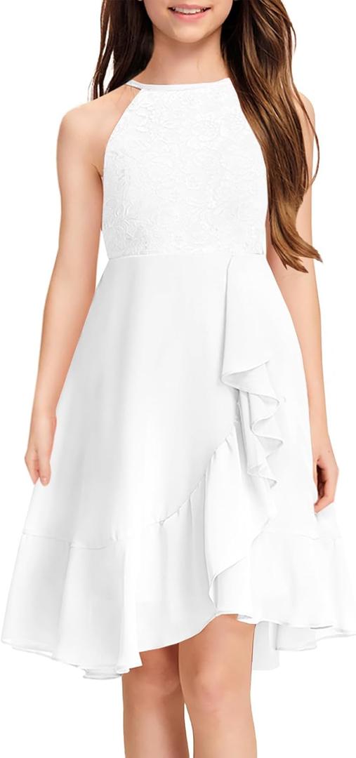 MITILLY Girls Lace Flower Ruffle Dress Chiffon Halter A Line High Low Flowy Junior Bridesmaid Dresses for Wedding Party (White), Size 8 years