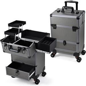 Hododou Rolling Makeup Case Cosmetic Travel Trolley Storage Sliding Drawer 4 Tray Makeup Travel Case with Wheels Salon Barber Case Traveling Cart Trunk for Cosmetologist Nail Tech Hairstylist Grey