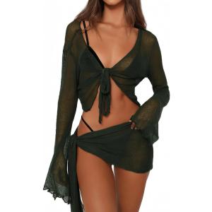 Women's 2 Pieces Outfits Mesh Perspective Suit Swimming Beach Long Sleeve Crop Top and Mini Skirt Set, Black, Small