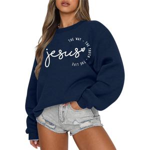 MOUSYA Jesus Oversized Sweatshirt Woman Christian Sweater Jesus The Way The Truth The Life Shirt Religious Long Sleeve Tops (Small, Blue)