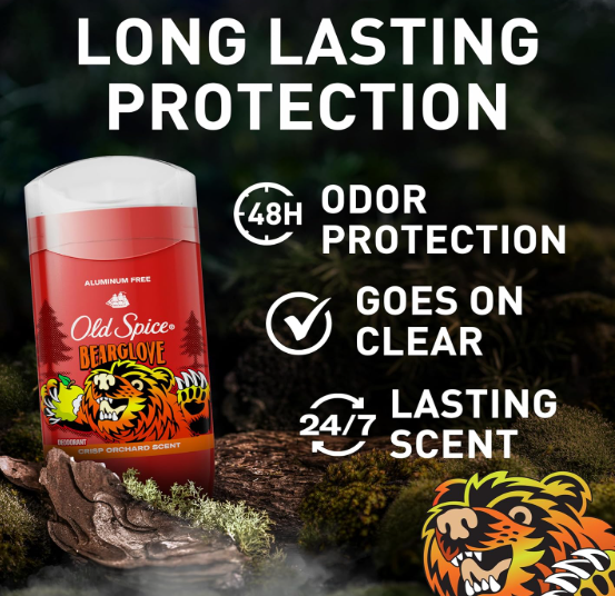 Old Spice Aluminum Free Deodorant for Men, 24/7 Odor Protection, 24/7 Freshness & Lasting Scent, Goes on Clear, Bearglove with Crisp Orchard Scent, 3.0 oz (Pack of 2)