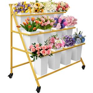 PROLEE Flower Display Stand with 12 Buckets, Flower Cart 3 Layers, Flower Stand Metal with Wheels, Moving Florist Bouquet Shelf, Triangular Rack, Gold