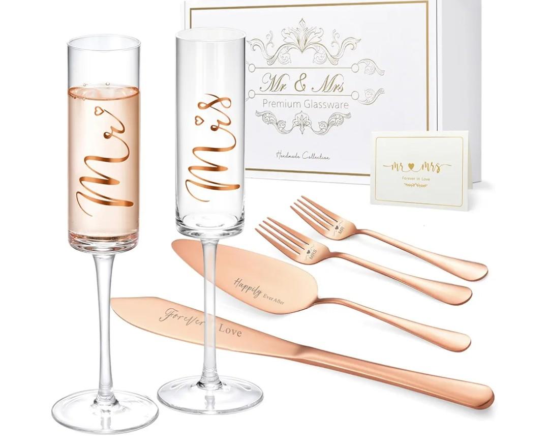 ROXBURGH Wedding Cake Knife and Server Set, Bride and Groom Mr and Mrs Champagne Flutes & Forks with Giftable Box, Cake Cutting Set for Wedding Engagement Bridal Shower Gifts