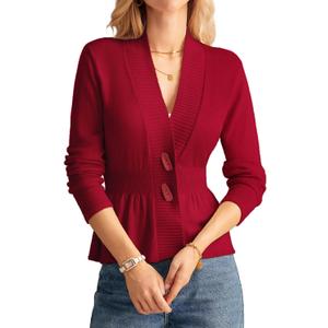 GRACE KARIN Women Cardigan Sweaters 2025 Fall,Long Sleeve Cropped Sweater Coat Trendy,Button Front Peplum Tops Lightweight (X-Large, Red)
