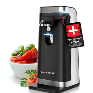 POHL SCHMITT Electric Can Opener, Easy Push Down Lever, Knife Sharpener, Bottle Opener & Built-In Cord Storage, Opens All Standard-Size and Pop-Top Cans, Black