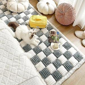 Funny Pet Couch Covers for Sofa Plush Checker Couch Cover for 3 Cushion Couch Sofa Pet Friendly (Cream Blue, 60x160 cm/23.6x63 in)