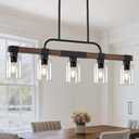 Farmhouse Dining Room Light Fixtures Over Table，Rustic Ceiling Pendant Lights Kitchen Island，5-Light Wood Kitchen Island Lighting Linear Chandelier with Clear Glass lampshade