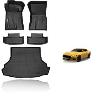 KELCSEECS Floor Mats & Cargo Liner Custom for Ford Mustang 2015-2024 (NOT for Mustang Mach-E,Cargo Liner with Subwoofer),All Weather Protection Anti-Slip TPE Liners Full Set Mustang Accessories Black (Mustang 15-25 SET)