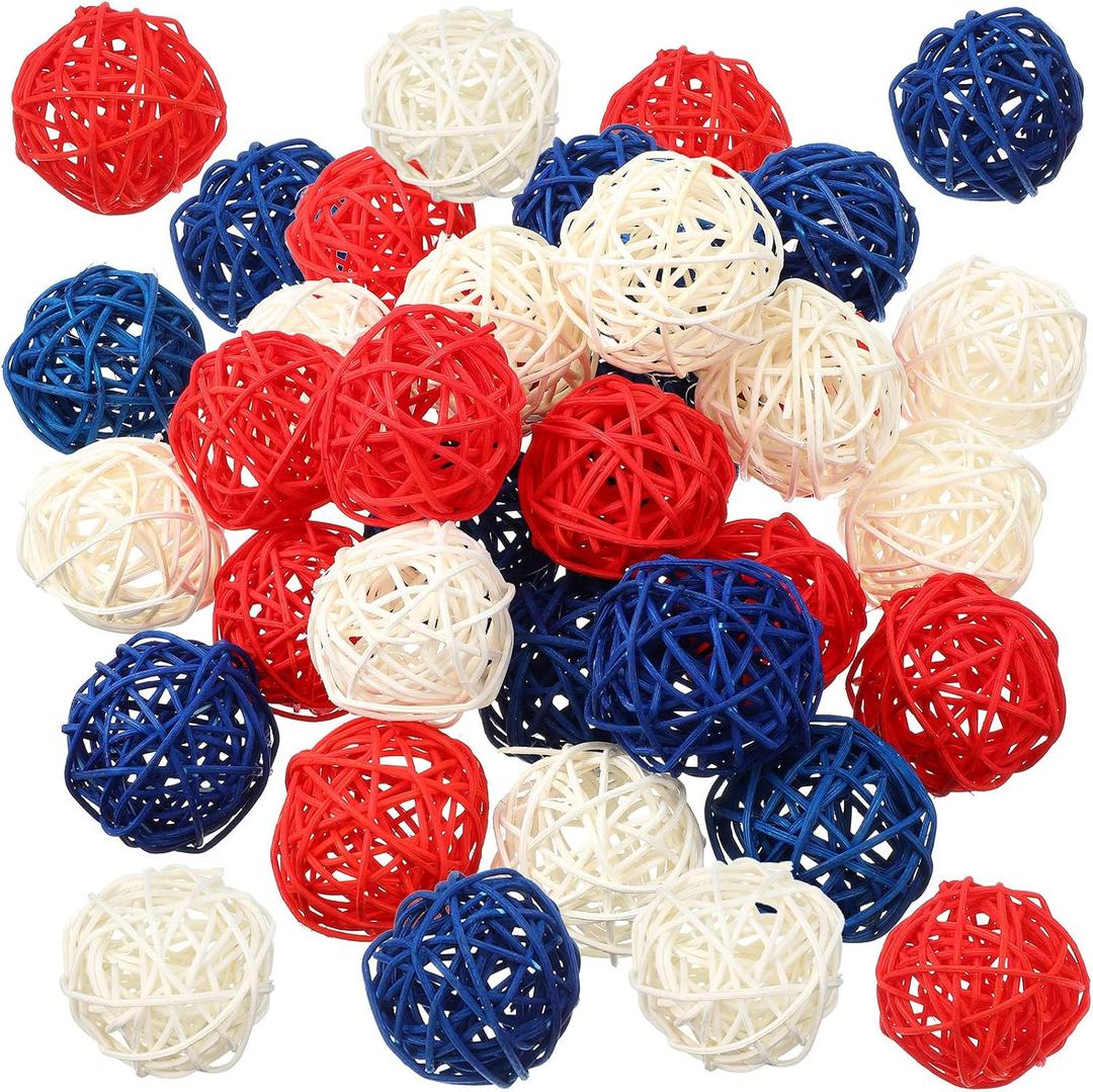 30 Pcs Patriotic Rattan Balls 4th of July Decorative Balls for Bowl 1.8 Inch Red White Blue 250th Anniversary Table Wicker Ball for Bowl Filler Vase Filler Spheres Independence Day Home Decoration