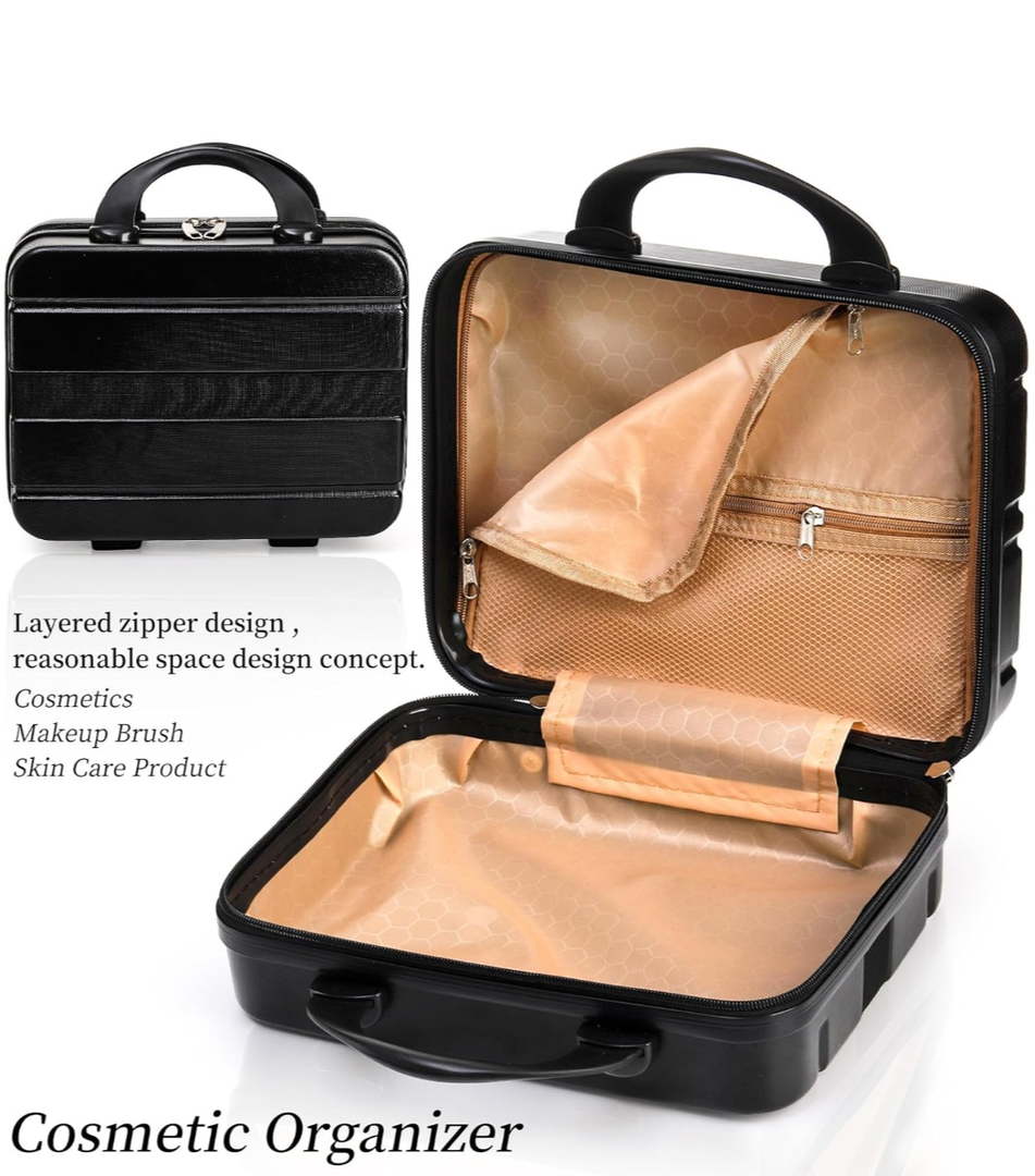 Hard Shell Cosmetic Travel Case, 12 Inch Small Portable Makeup Train Case with Elastic Band Handle, Pressure-proof Mini ABS Carrying Suitcase Toiletry Box for Travel, Camping, Black