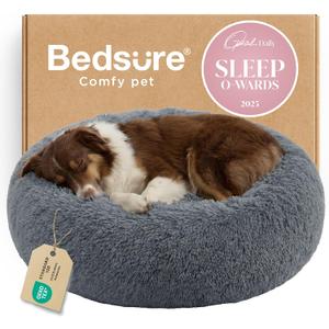 Bedsure Calming Dog Bed for Large Dogs - Donut Washable Large Pet Bed, 36 inches Anti-Slip Round Fluffy Plush Faux Fur Dog Bed, Fits up to 80 lbs Pets, Dark Grey