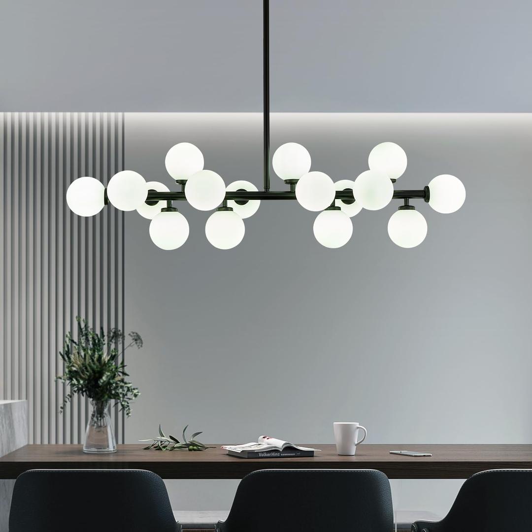 CROSSIO Modern Linear Chandeliers Black 16 Lights Pendant Light Fixtures Bubble Glass Chandelier Mid Century Sputnik Chandelier for Kitchen Island Dining Room (Black (Milk white lampshade))
