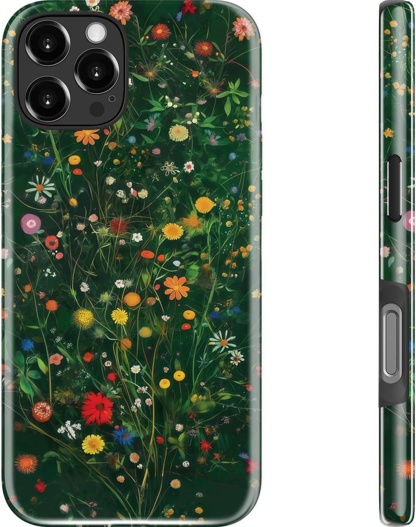 DEENAKIN for iPhone 16 Pro Max Case - Wireless Charging Compatible - Dual-Layer Hard Shell & Silicone Cover - Protective Phone Case with Trendy Cute Designs for Women - Joyful Garden Pattern