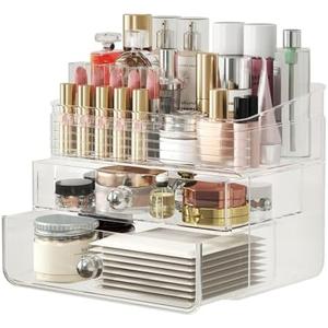 LAMU Makeup Organizer with Large Drawers, Bathroom Counter Skincare Organizer for Vanity,Storage Box with Handle, Cosmetic Display case for Vanity Countertop, Skincare Perfume Storage, Clear